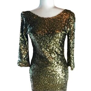 New Alberto Makali Fitted Gold Sequined Party Cocktail Dress Size Small
